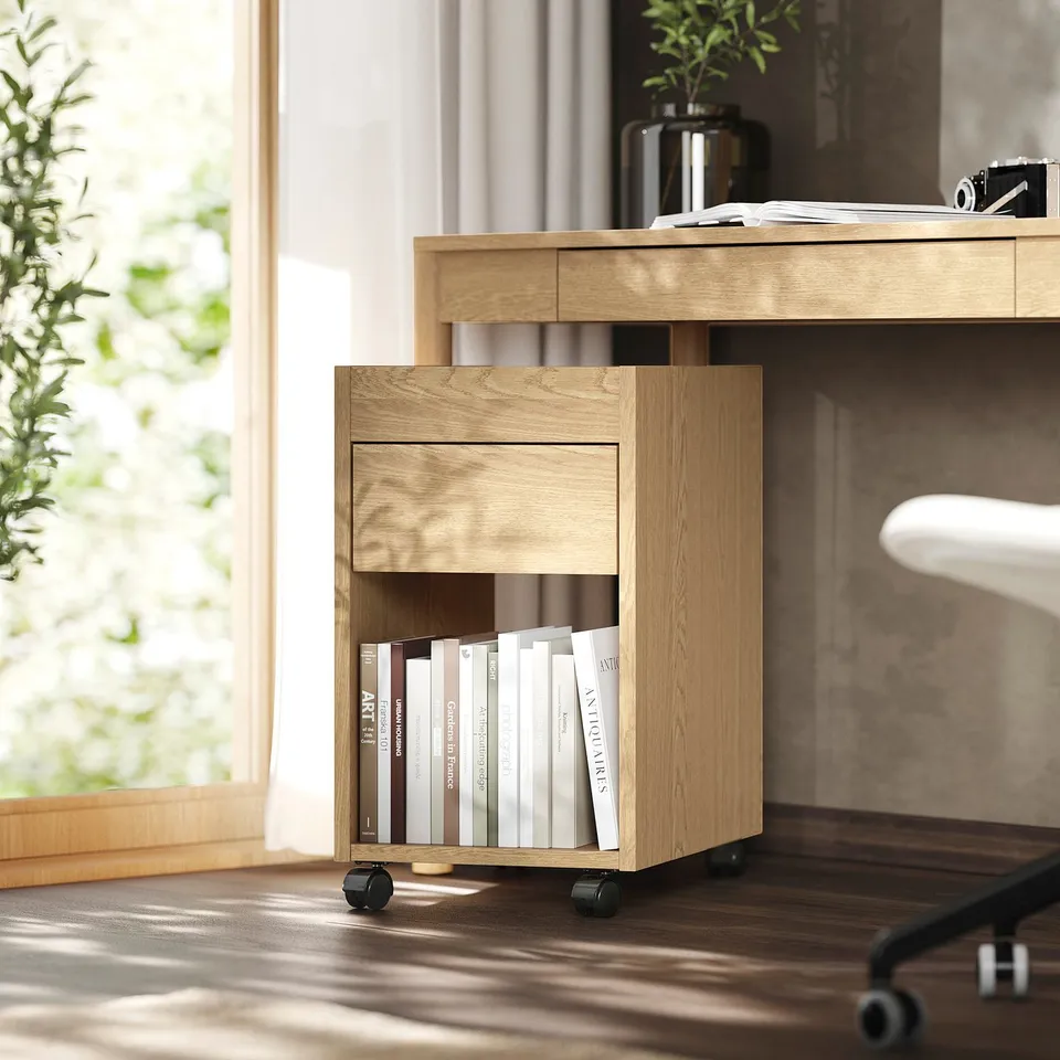 TONSTAD drawer unit with wheels, oak & particleboard, fits under desk, 1 top drawer, 1 book shelf, minimalist design.