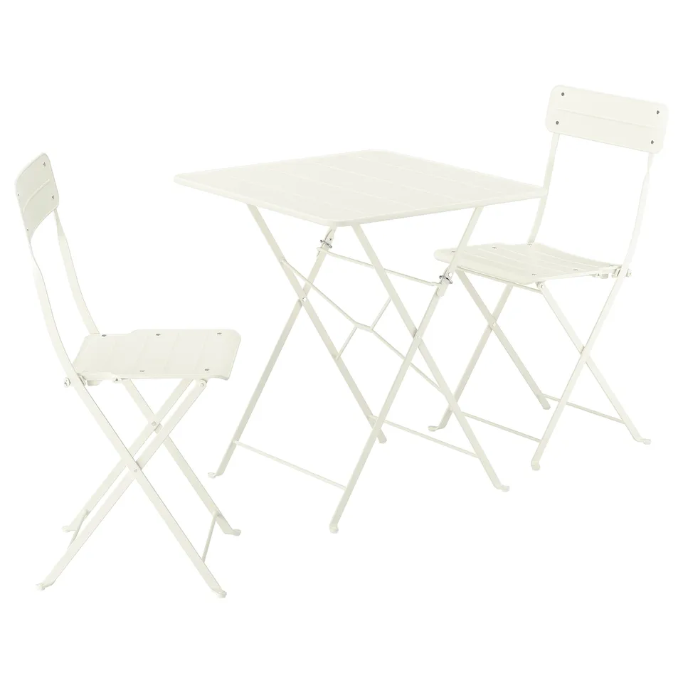 Three-piece white metal outdoor furniture set, including a square table and two foldable chairs. Perfect for small spaces and easy to store.