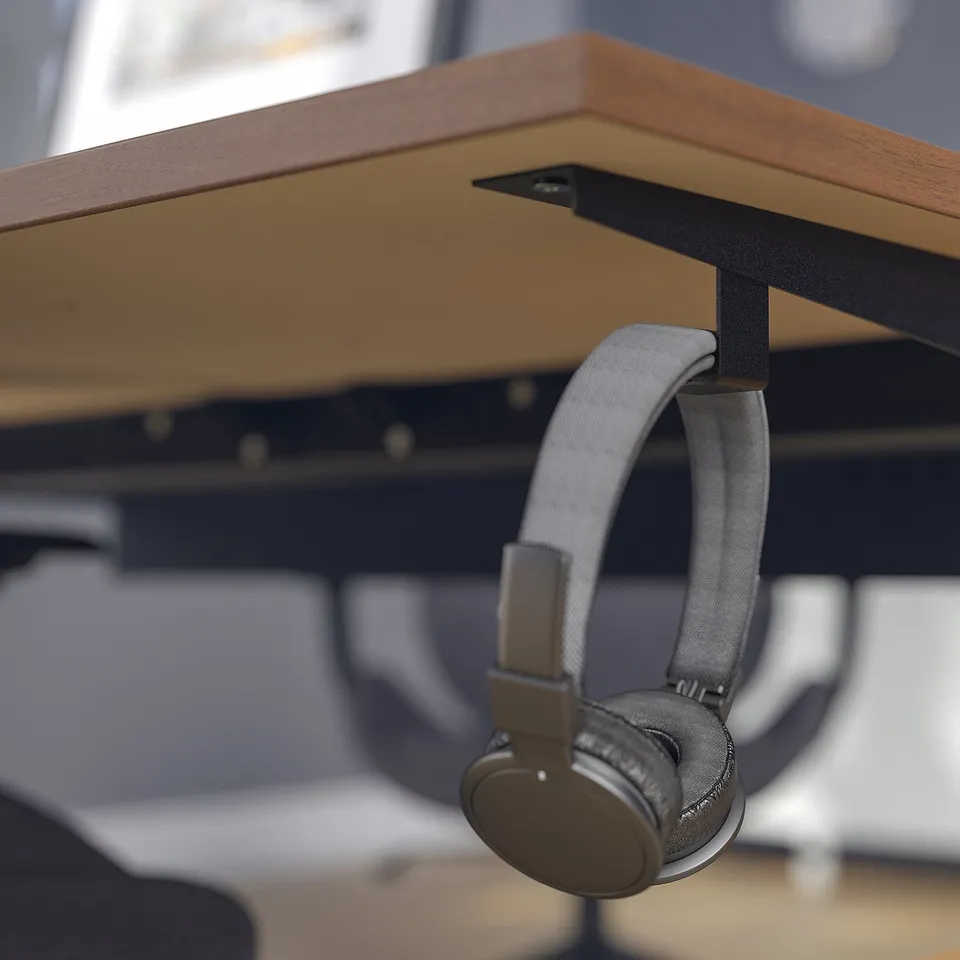 Desk with headphone hook and cable management.