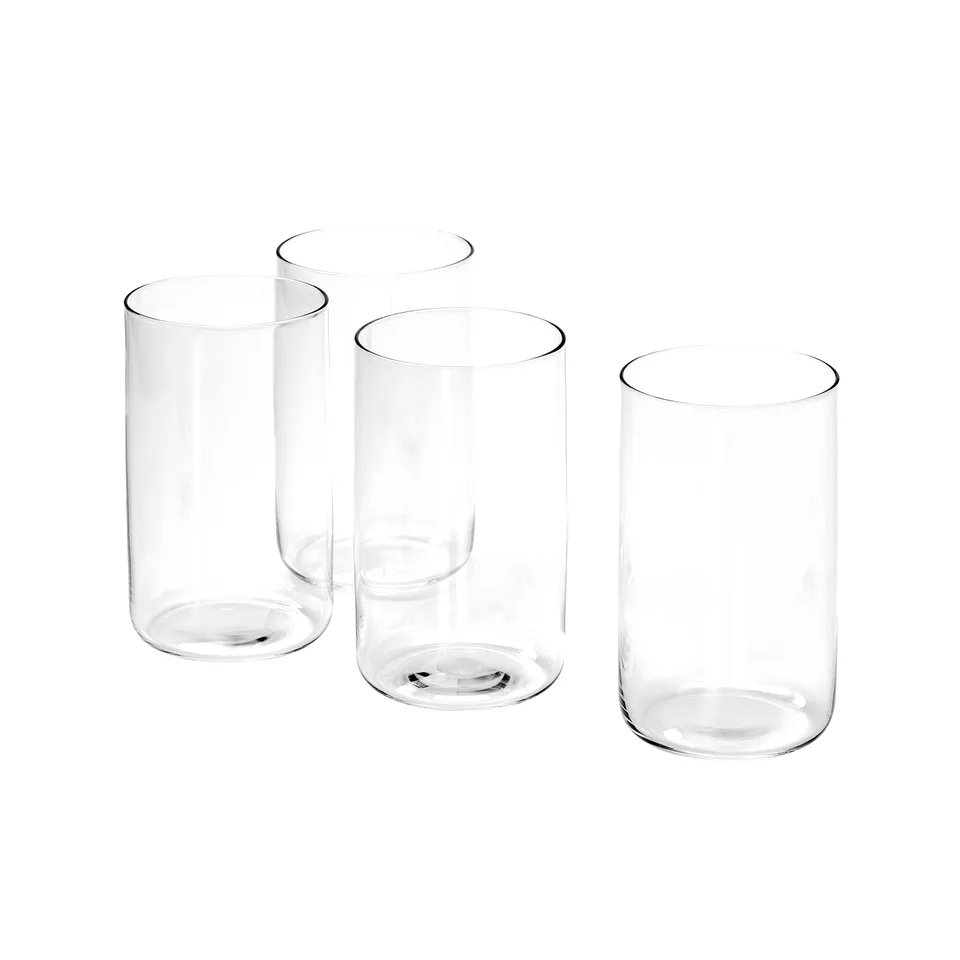 Three clear, mouth-blown glasses from the STOCKHOLM 2025 collection, featuring a modern, straight design in transparent glass.