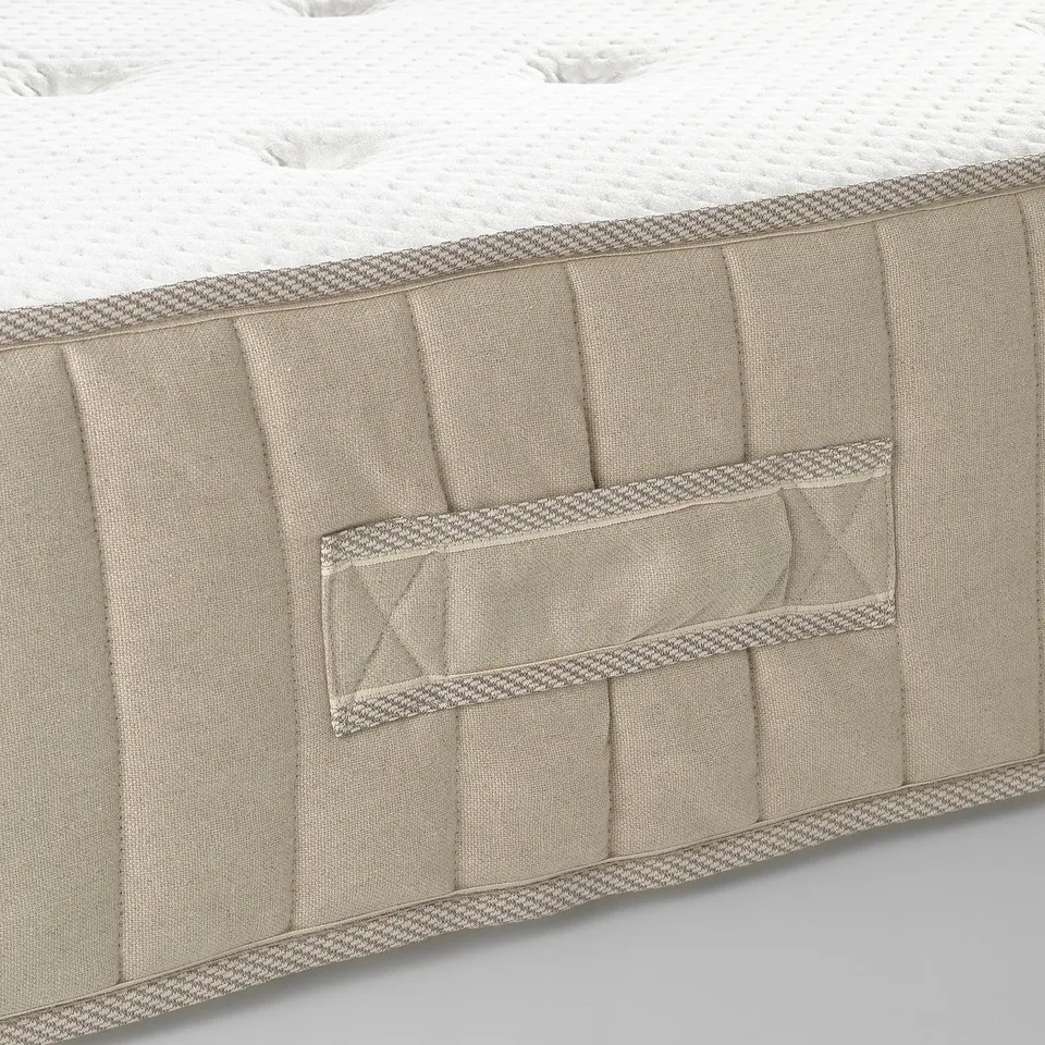 Close-up of high-quality mattress: natural materials, pocket springs, stretch fabric.