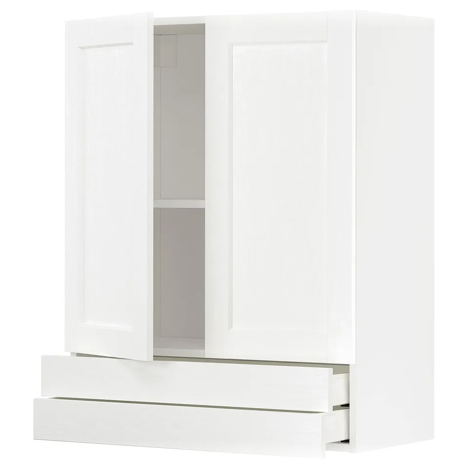 White kitchen cabinet with drawers and adjustable shelf. Modern, clean design with subtle wood texture.
