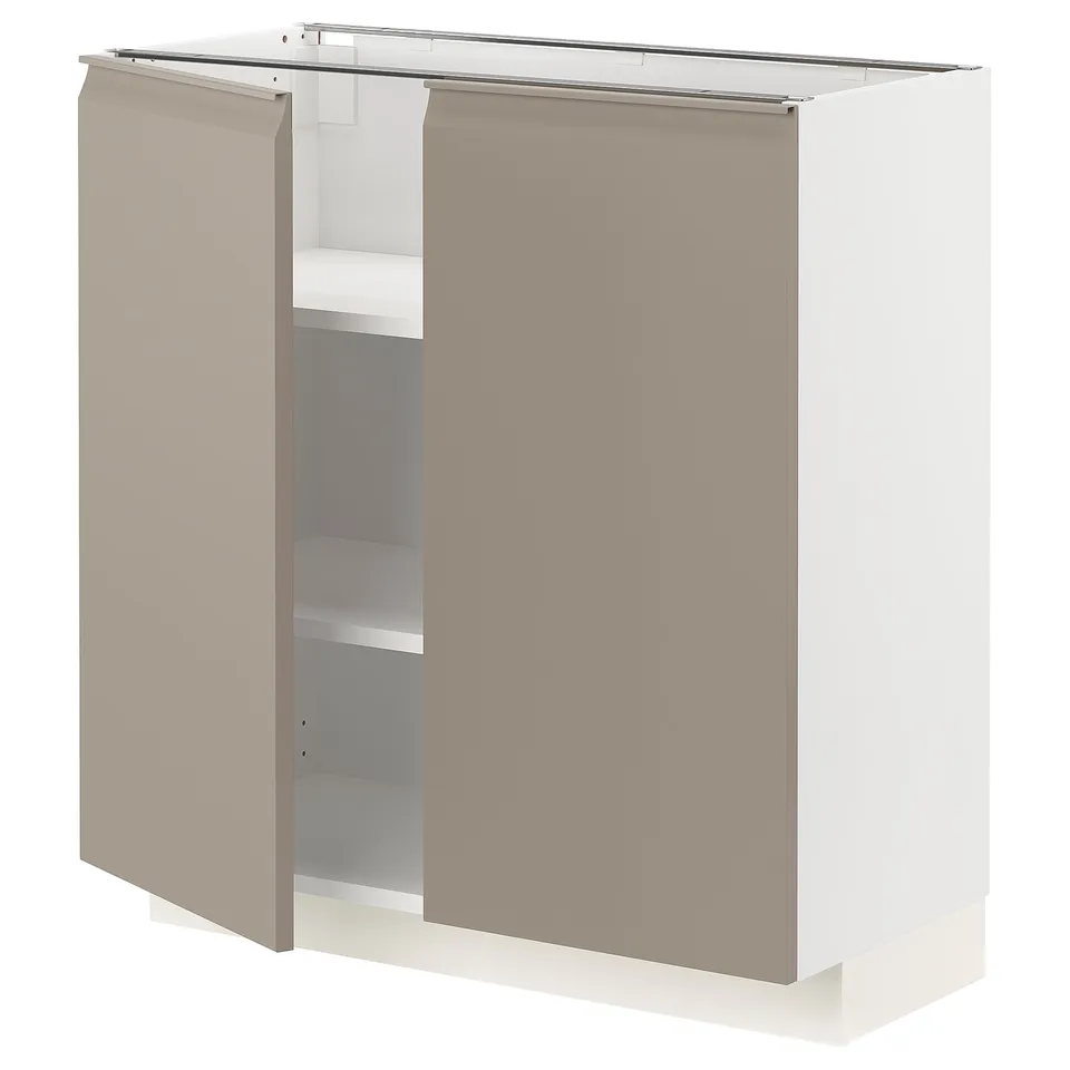 A white and light beige METOD cabinet from ikea with a modern design and adjustable shelves.