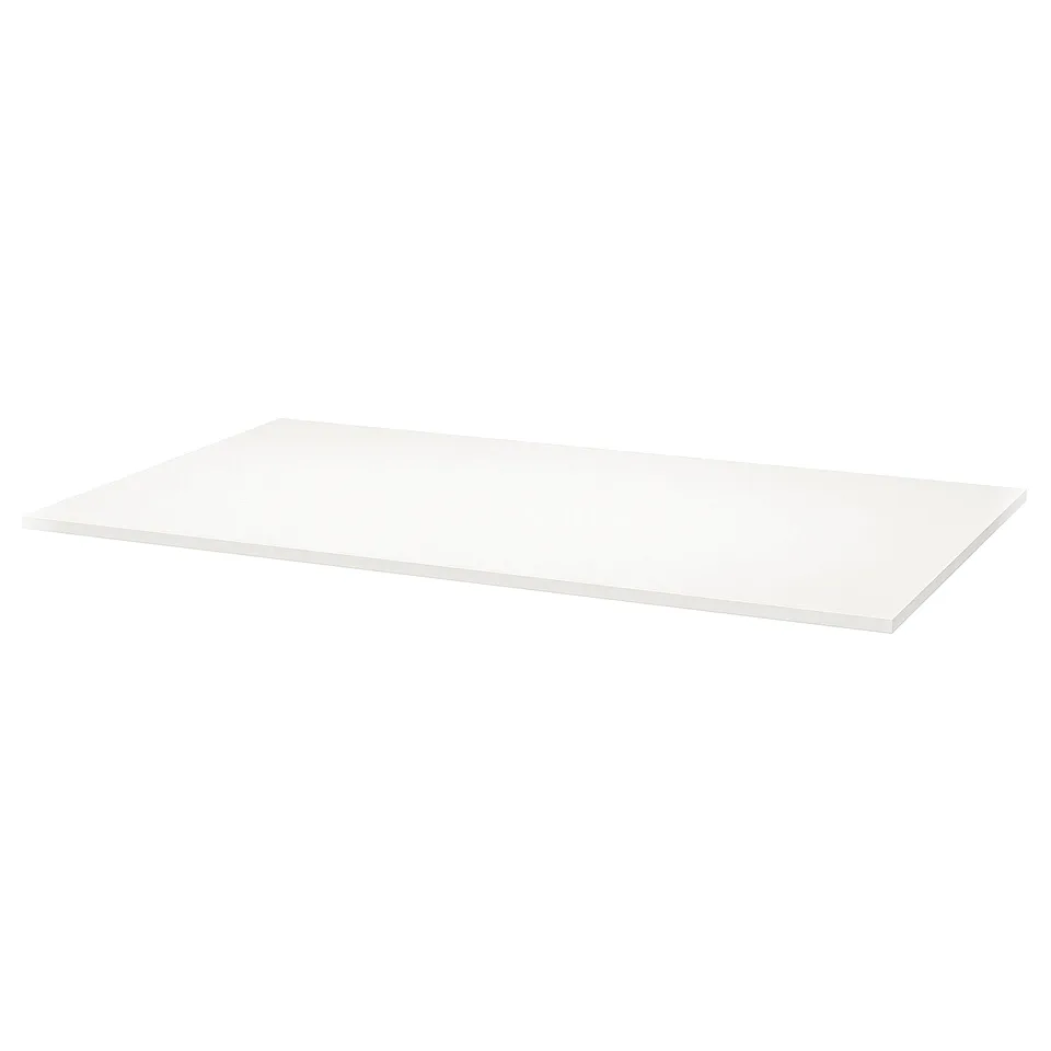 A TROTTEN white rectangular melamine shelf. Its a slim, flat design with smooth edges.