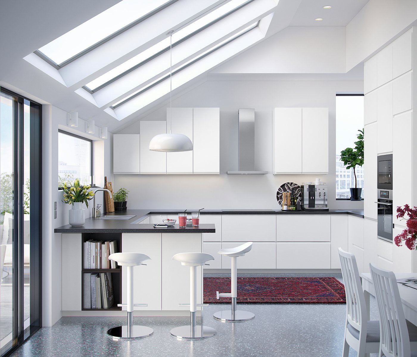 Modern minimalist kitchen with white cabinets, countertop appliances, bar stools and large windows.