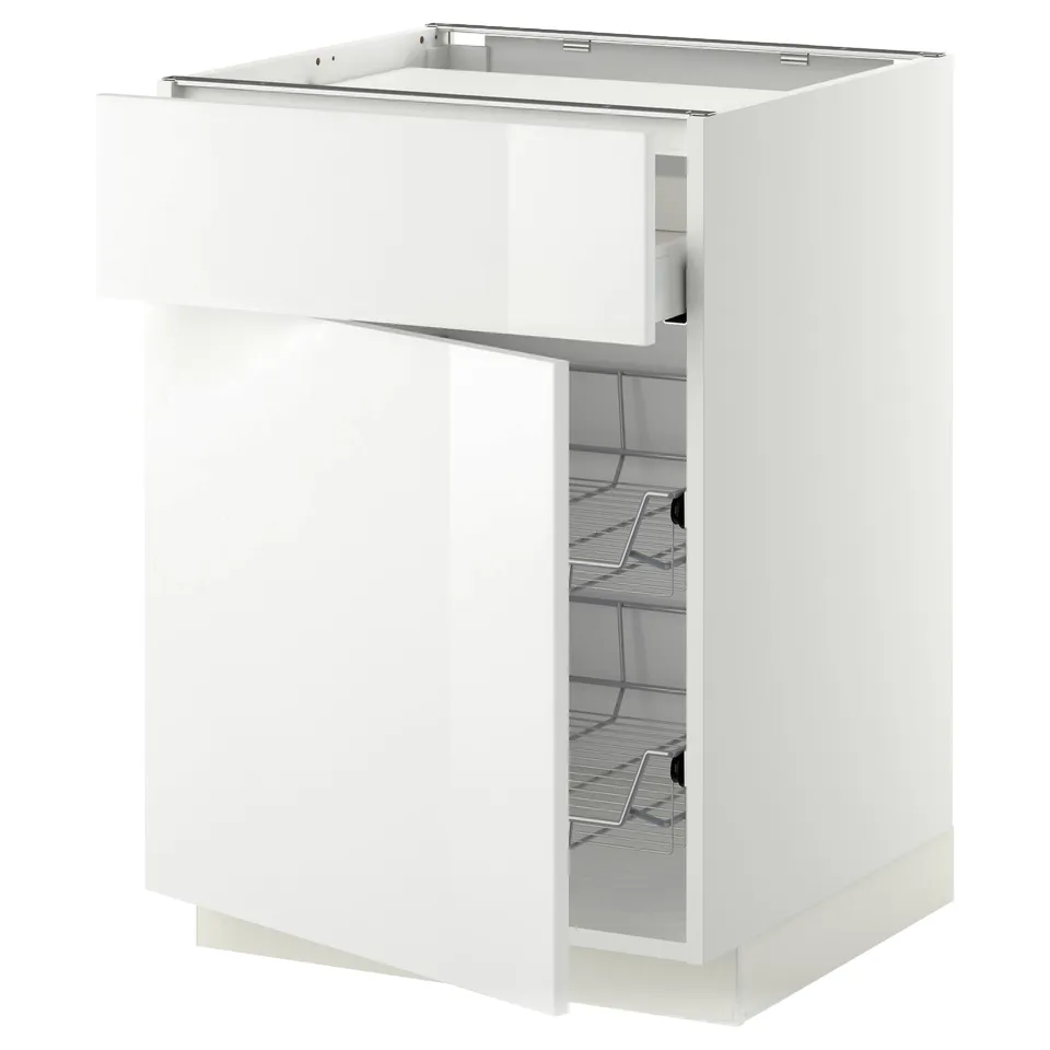 White kitchen cabinet with one open drawer, metal racks, modern, glossy finish.