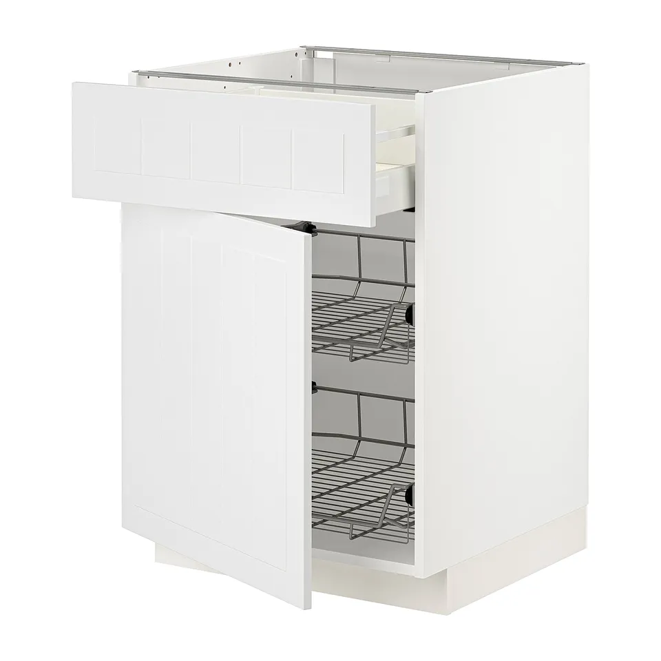 White METOD kitchen cabinet with pull-out wire baskets.