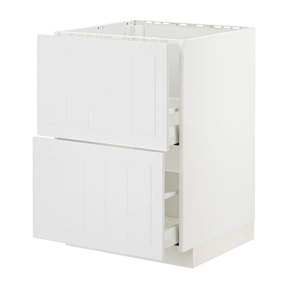 METOD white kitchen cabinet with wooden panels, two open drawers showing metal runners.