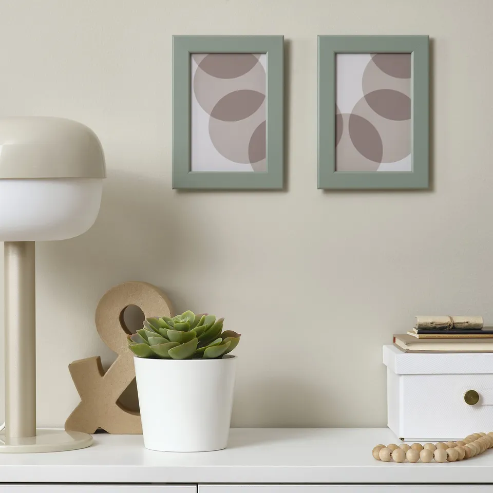 Two framed pictures on wall, shelf with lamp, succulent, books.