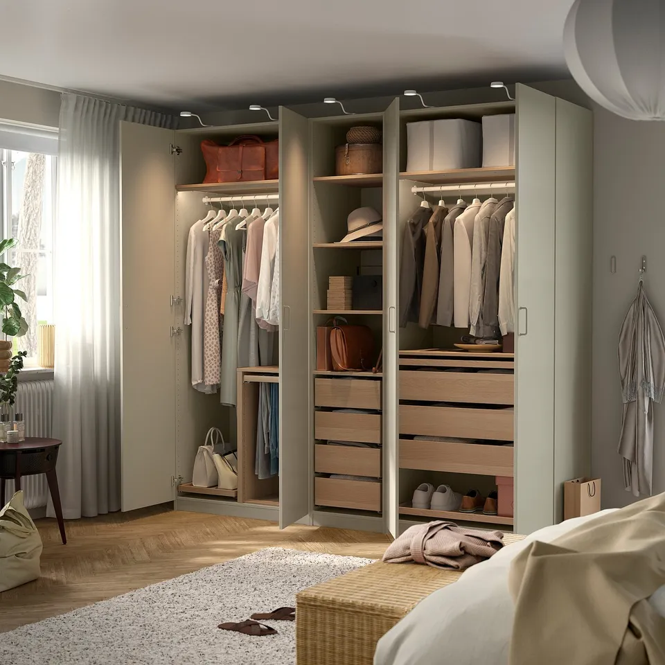PAX / FORSAND Wardrobe combination, grey-beige/white stained oak effect grey-beige, 250x60x236 cm