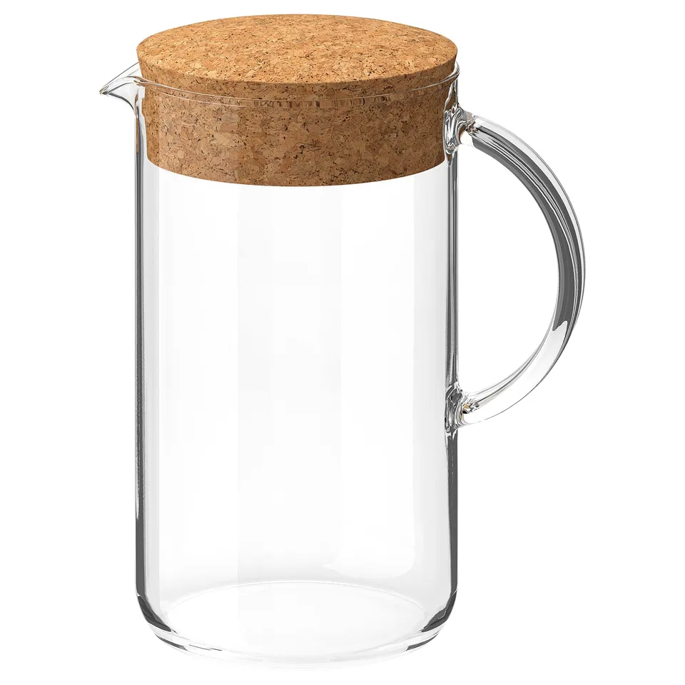 IKEA 365+ glass jug, clear with cork lid, handle, simple design, toughened glass.