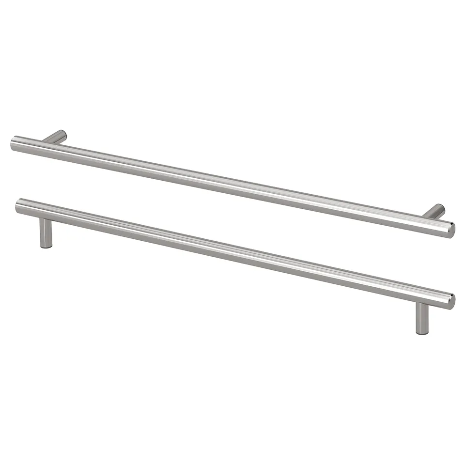 Stainless steel KALLRÖR handle set, sleek and modern, ideal for kitchen cabinets.