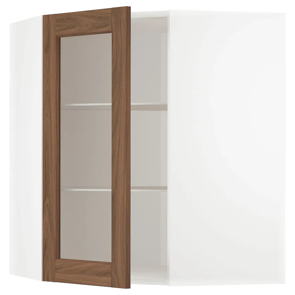METOD kitchen with walnut foil, glass doors, adjustable shelves, sturdy frame.