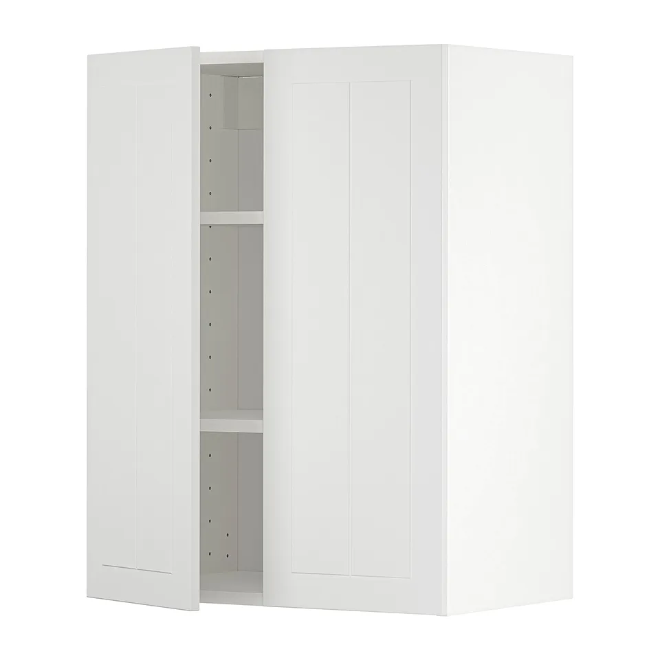 A white METOD wall cabinet with one open door, revealing adjustable shelves inside.