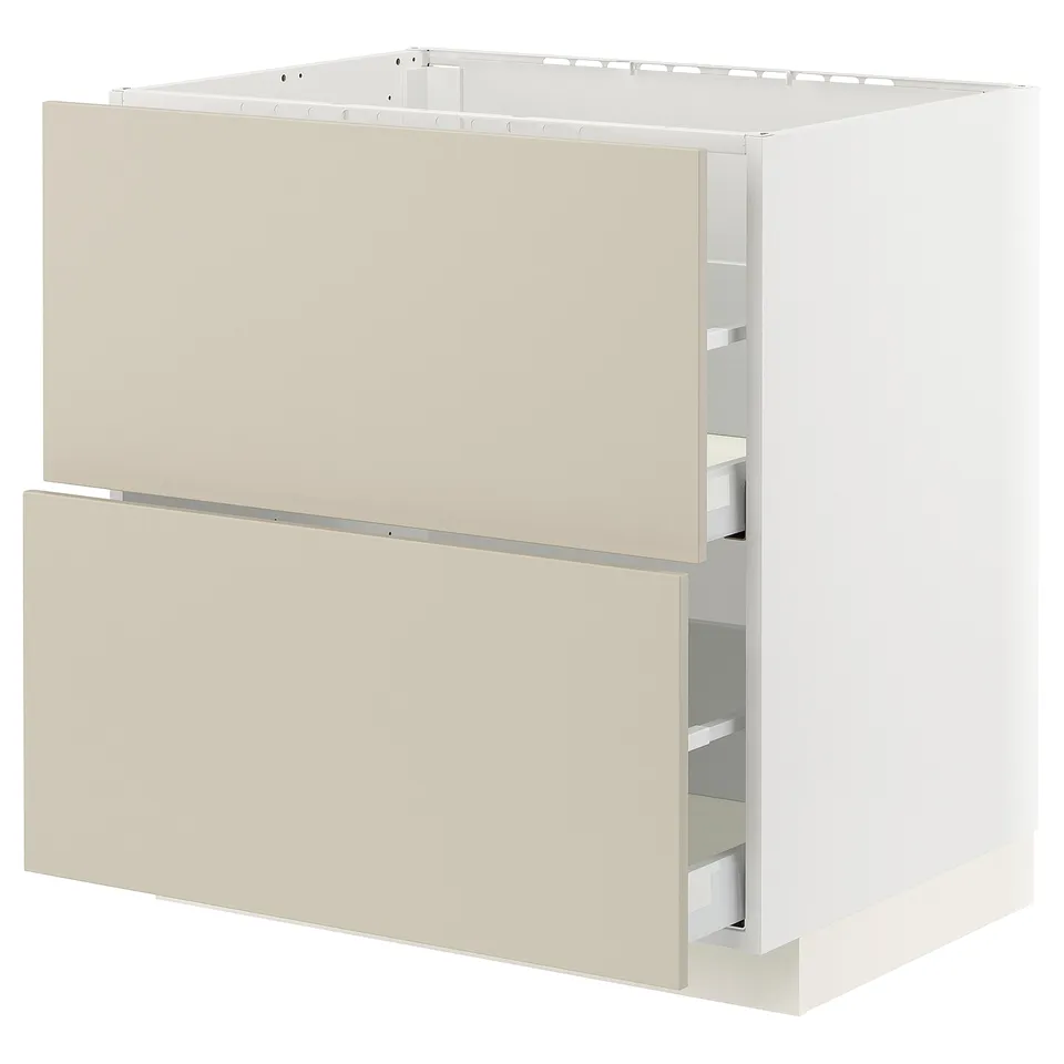 Beige METOD kitchen unit with two drawers, smooth and modern design.