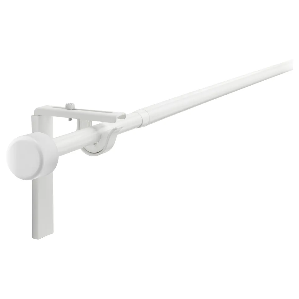 White RÄCKA curtain rod holder with extendable rod and brackets.