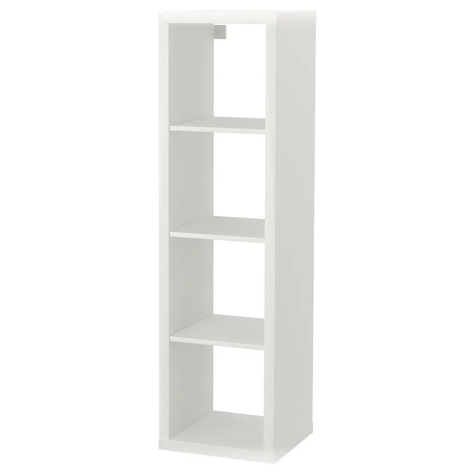 White KALLAX shelf unit with open compartments.