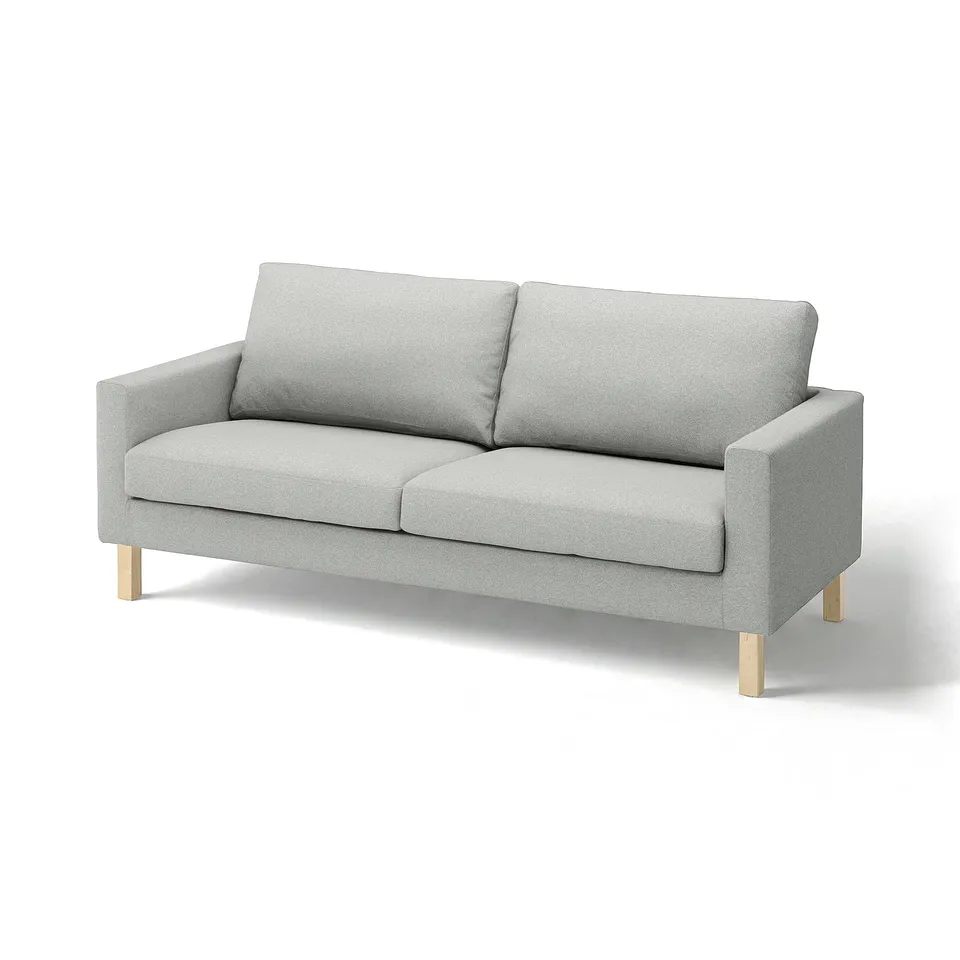 Light grey upholstered sofa with wooden legs. Minimalist design, clean lines. Comfortable padding, supportive seat.