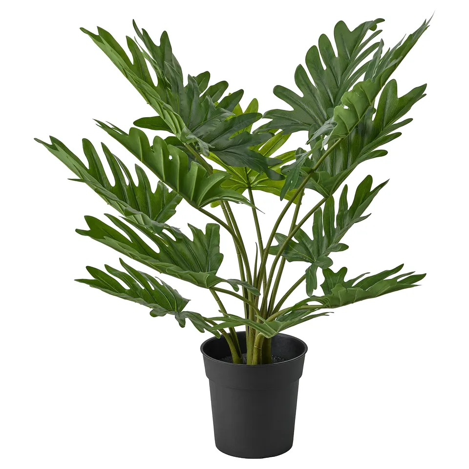 FEJKA: green potted artificial plant with broad leaves, made from recycled materials.