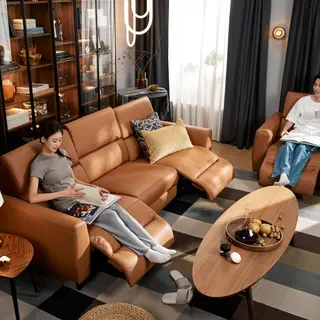 RULLERUM/STOCKHOLM set: 3-seat sofa w 2 electric recliners + coffee table, Grann/Bomstad golden-brown + walnut veneer, Depth 94 x Height 98 x Width 259 cm