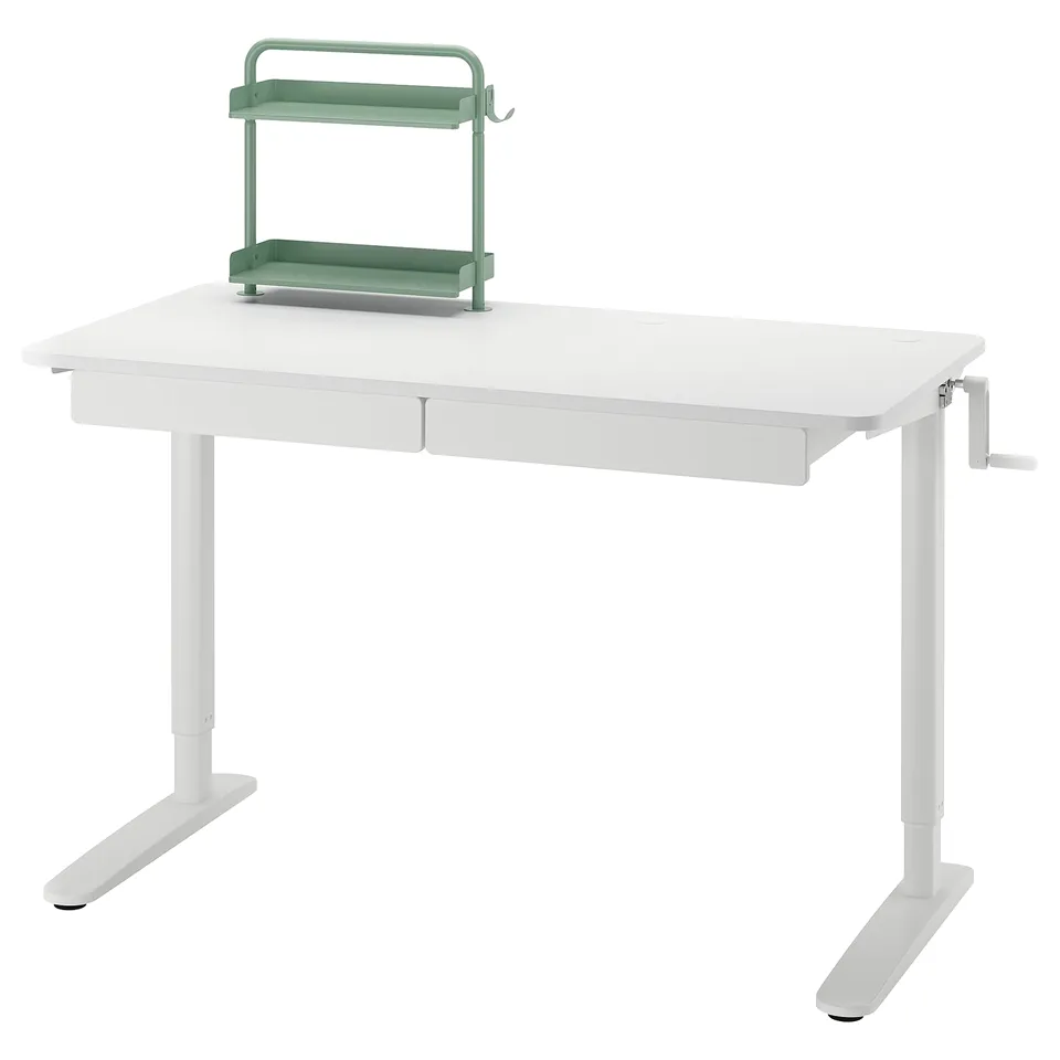 White height-adjustable desk with green organiser. Modern, practical, and space-saving design.