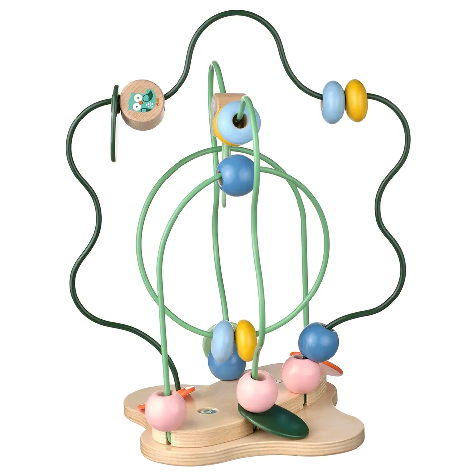 Colourful wooden tree toy with beads and wires.