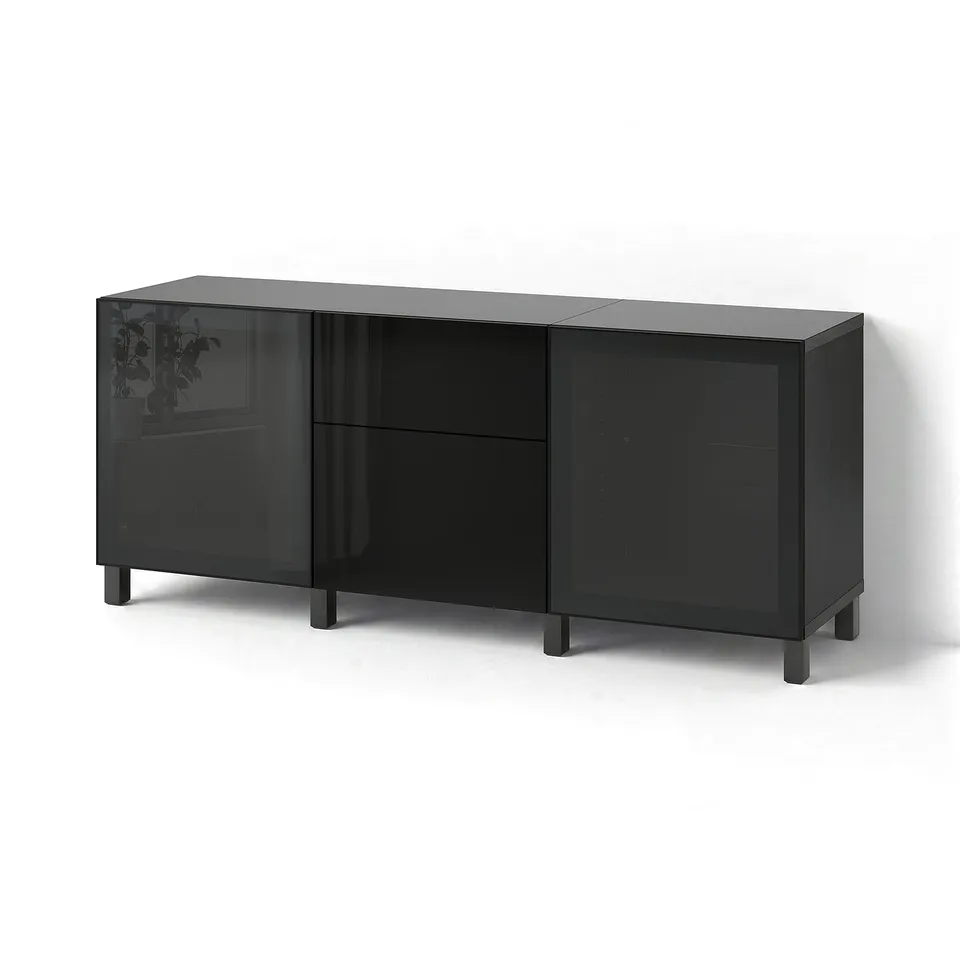 BESTÅ Storage combination with drawers, black-brown/Selsviken/Stubbarp high-gloss/black smoked glass, 180x42x74 cm