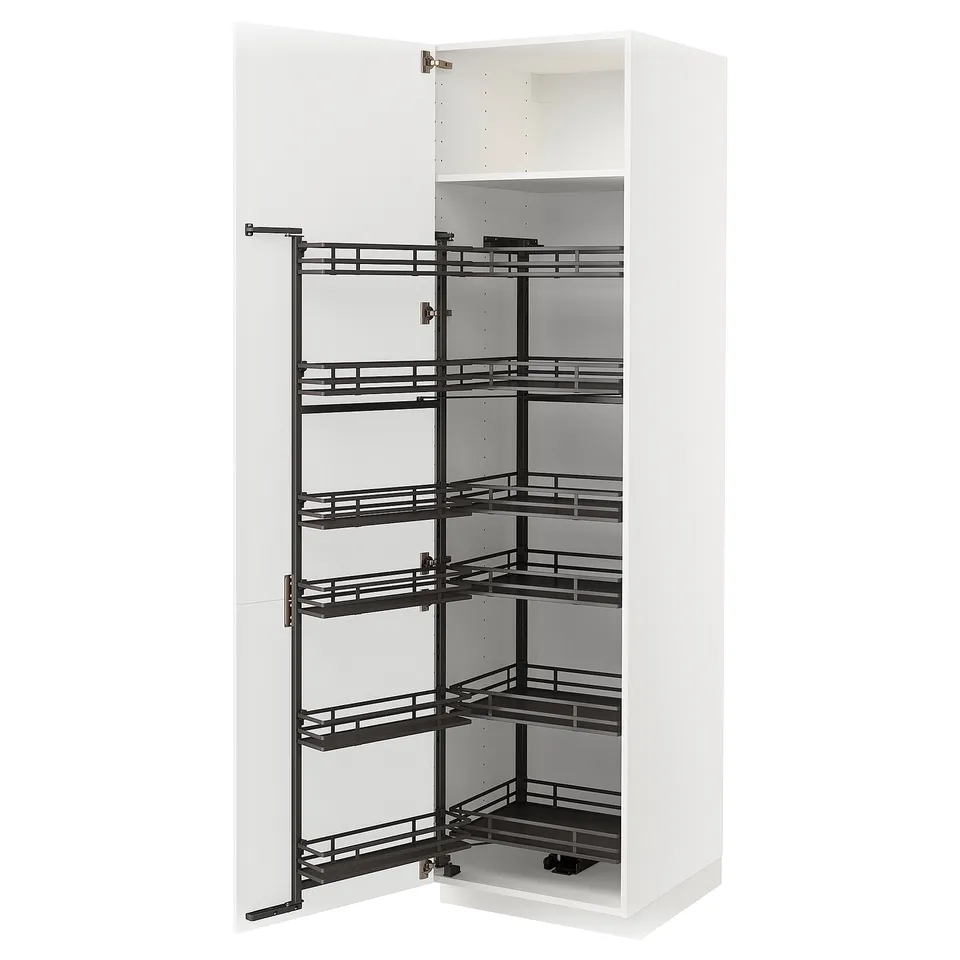 A white METOD pull-out storage cabinet with black metal shelves. The cabinet has four shelves and is part of the ikea kitchen system.