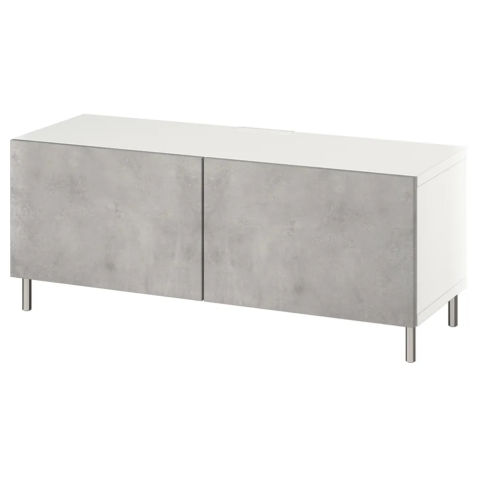 Modern white tv stand with grey doors, concrete effect, metal legs for sleek, organised space.