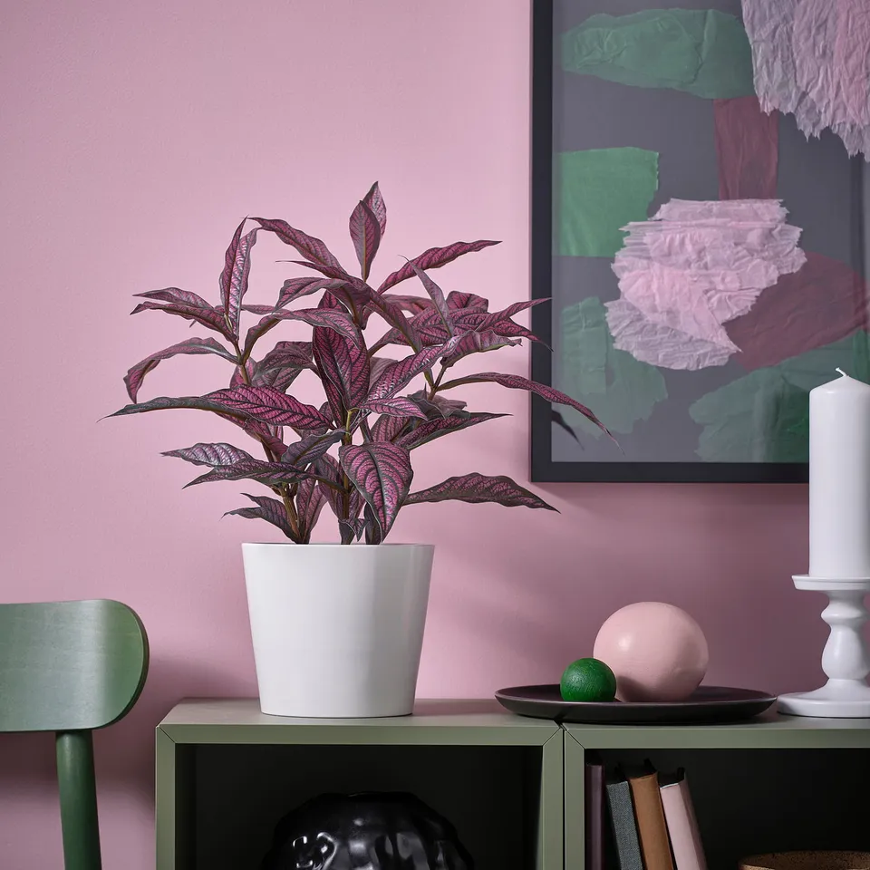 Potted purple plant in white vase on shelf, next to lime, candle, and art. FEJKA.