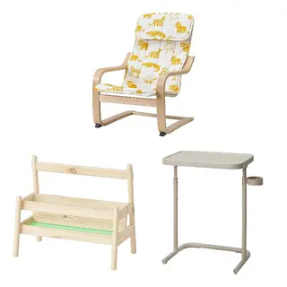 BJÖRKÅSEN/FLISAT/POÄNG set: children's armchair + book display + laptop stand, birch veneer/Skogbo animal pattern + beige, Width 47 x Depth 56 x Height 68 cm