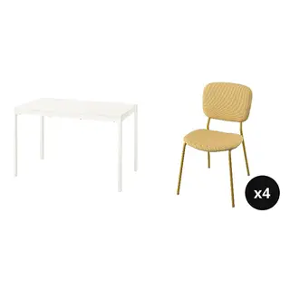 VIHALS set: extendable table + chair x4, white + yellow/Tibbleby yellow, 120/180x74 cm