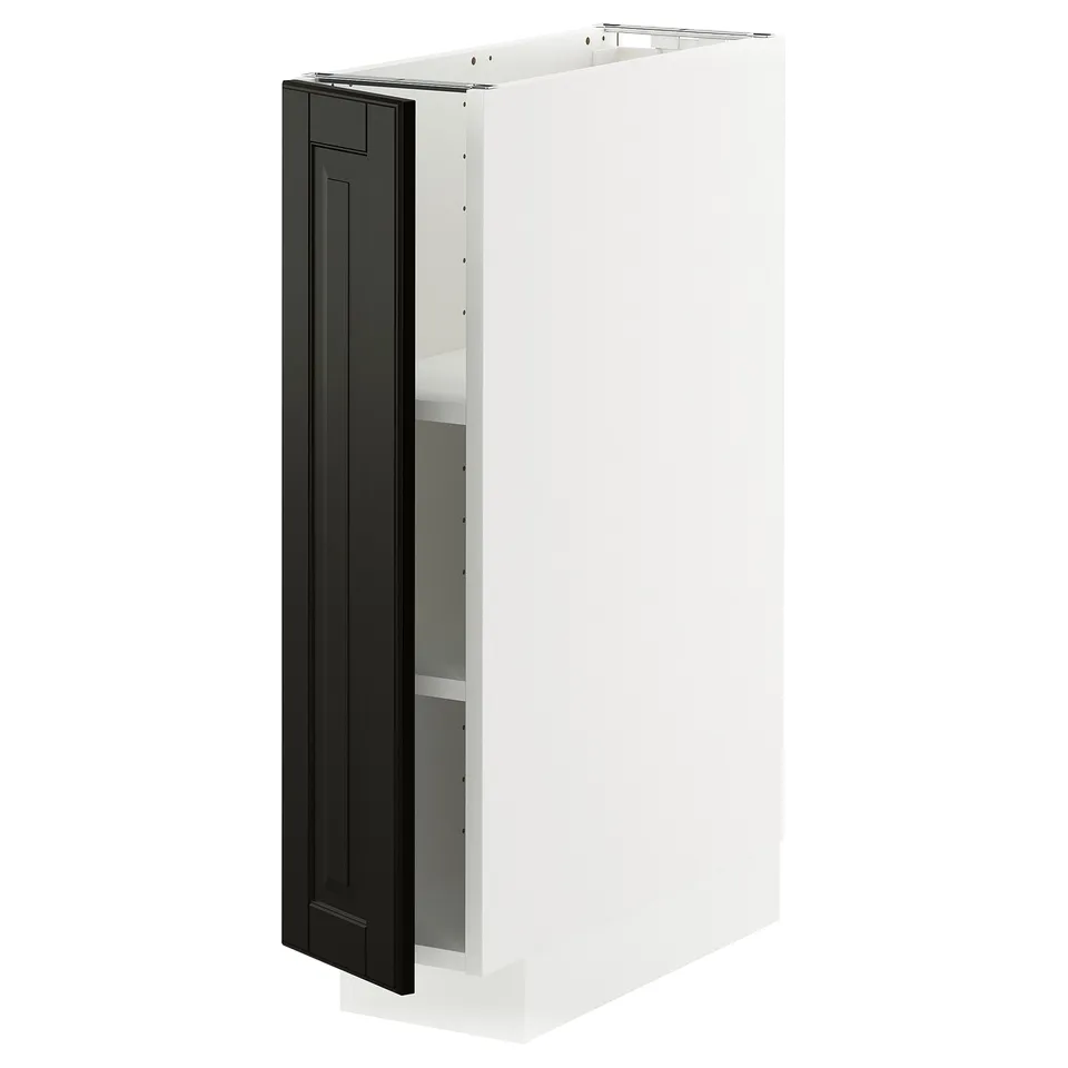 A white METOD kitchen cabinet with a black bodbyn door featuring bevelled edges. It includes a shelf inside, designed with a sleek and modern look.