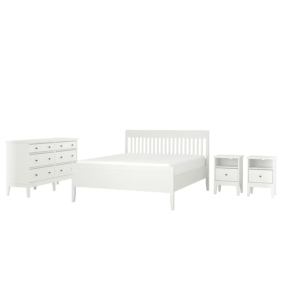 IDANÄS bedroom set: white bed frame, two nightstands, and a dresser with six drawers. Minimalist, modern design with light wood.