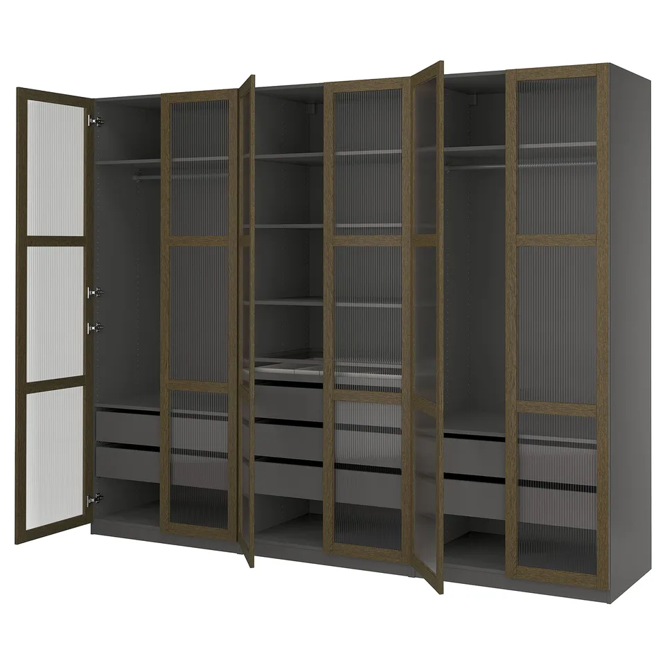 Modern PAX wardrobe: 4-door grey with glass panels, wooden trim, adjustable shelves, and drawers.
