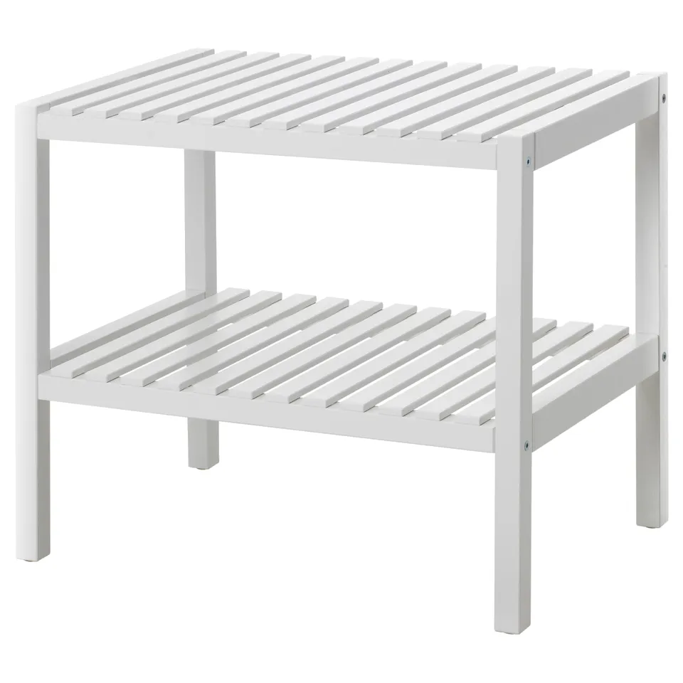A white MUSKAN storage bench. It two-tier slatted shelves made of solid aspen with a simple, clean design, suitable for high humidity areas.