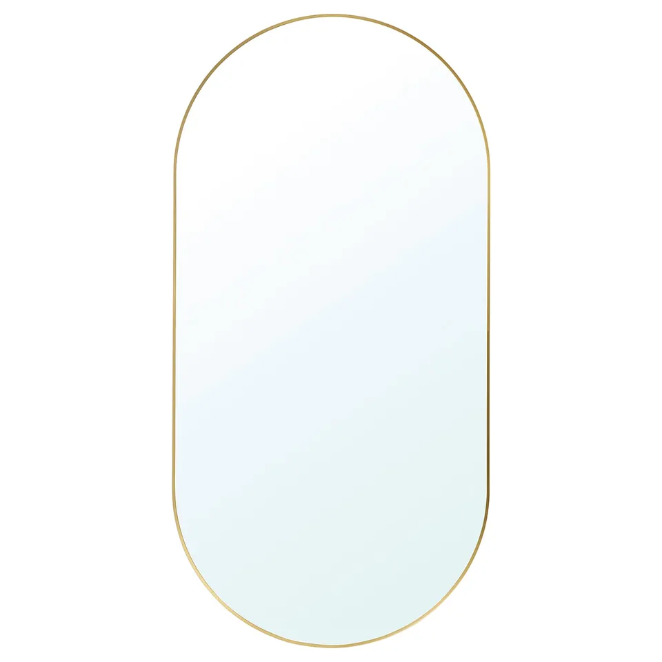 A LINDBYN gold-framed mirror with rounded corners, suitable for various rooms, enhancing space and light with its sleek, elegant design.