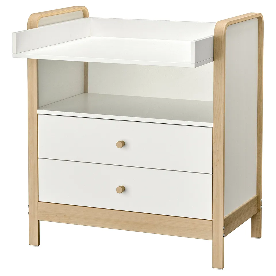 ÄLSKVÄRD white kids changing table with drawers, light wood frame.