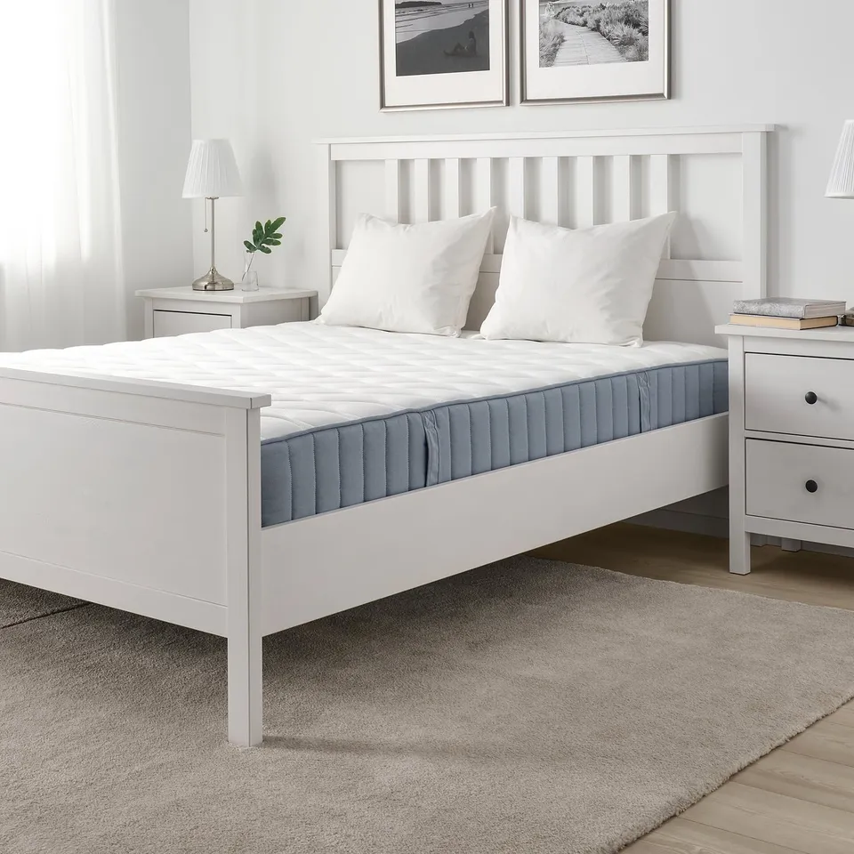 Modern bedroom with clean white bed and VÅGSTRANDA mattress, pillows, rug, nightstands with lamps, and art above.