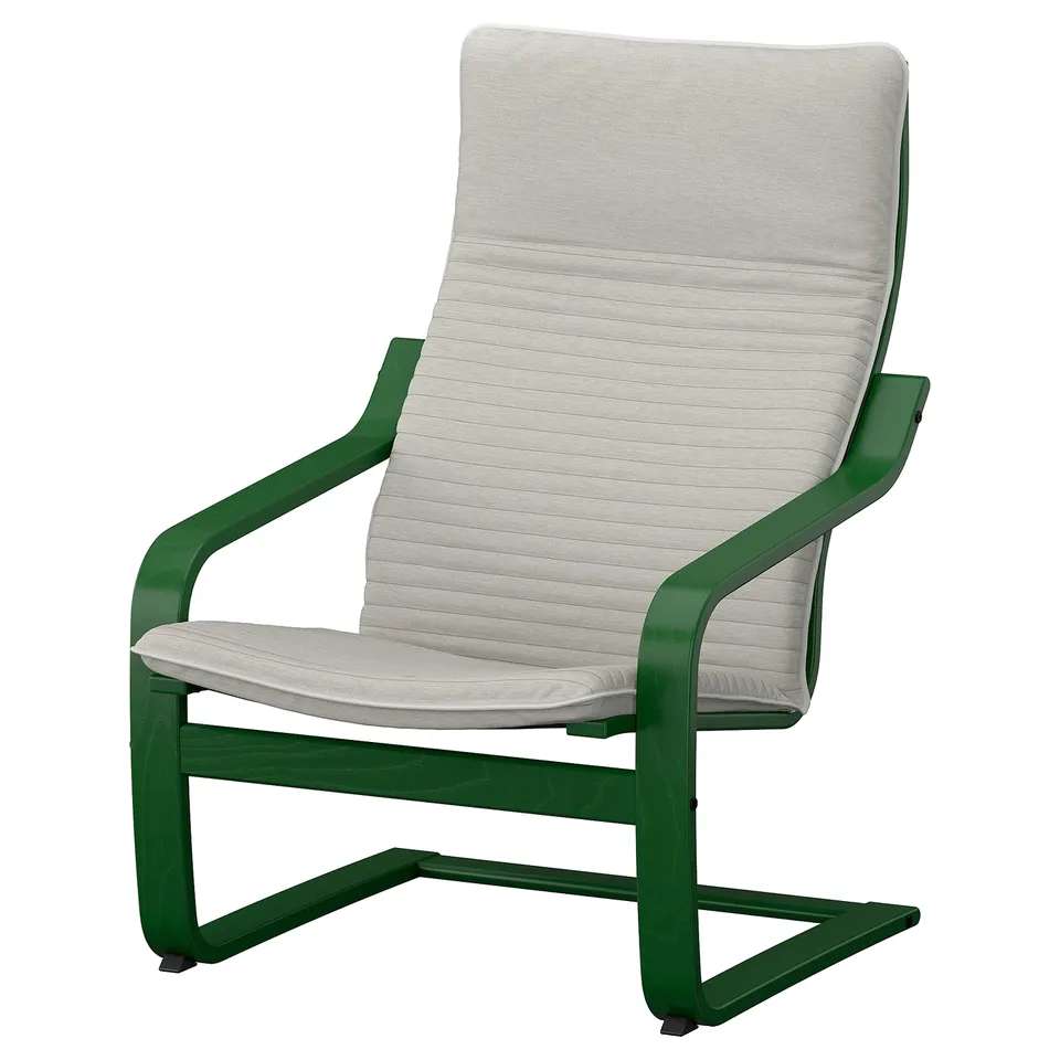 Eco-friendly POÄNG green chair with light grey cushions. Sleek, modern design with curved metal frame, comfortable and stylish.
