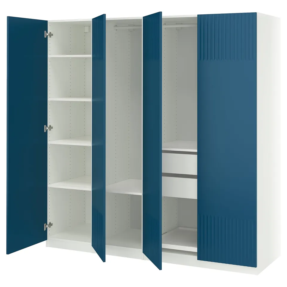 A blue and white PAX wardrobe with three open sections revealing interior shelves. It modern design with a glossy finish.