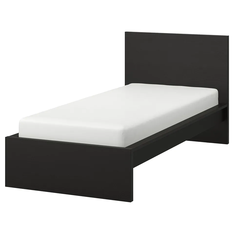 A black MALM single bed with a high headboard, a simple and modern design, in dark brown.