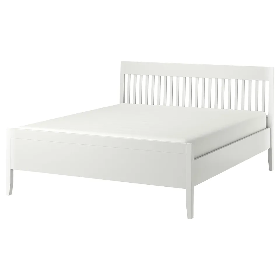 IDANÄS white bed, sleek design with vertical headboard slats, sturdy wooden frame.