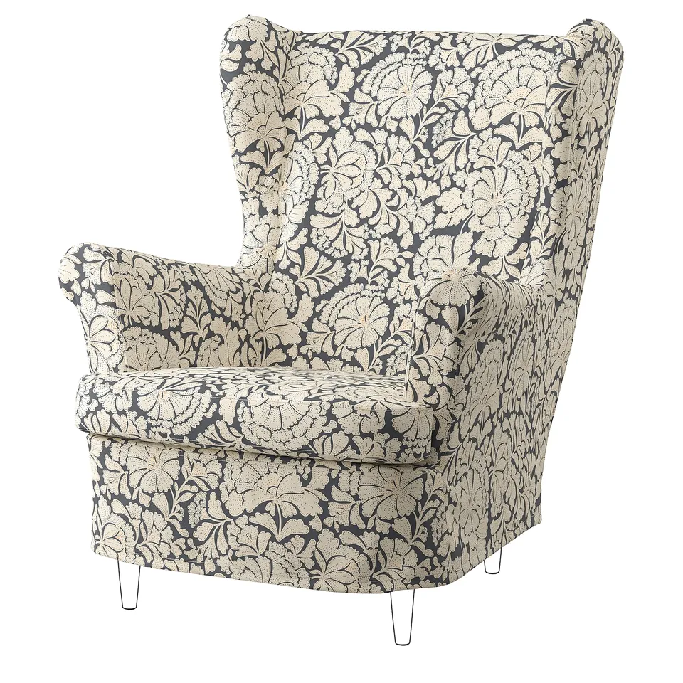 STRANDMON wing chair, dark blue floral on beige, recycled back, cotton cover