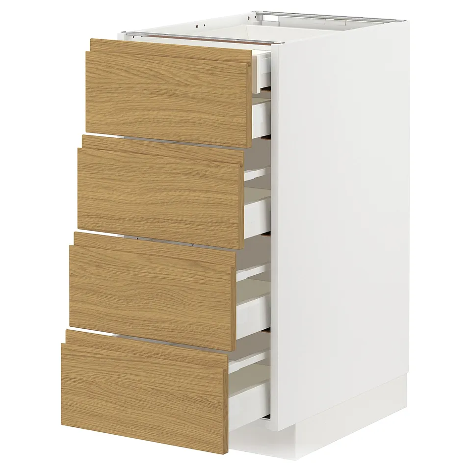 Modern METOD kitchen cabinet with oak drawers, four minimalist handle-less drawers.