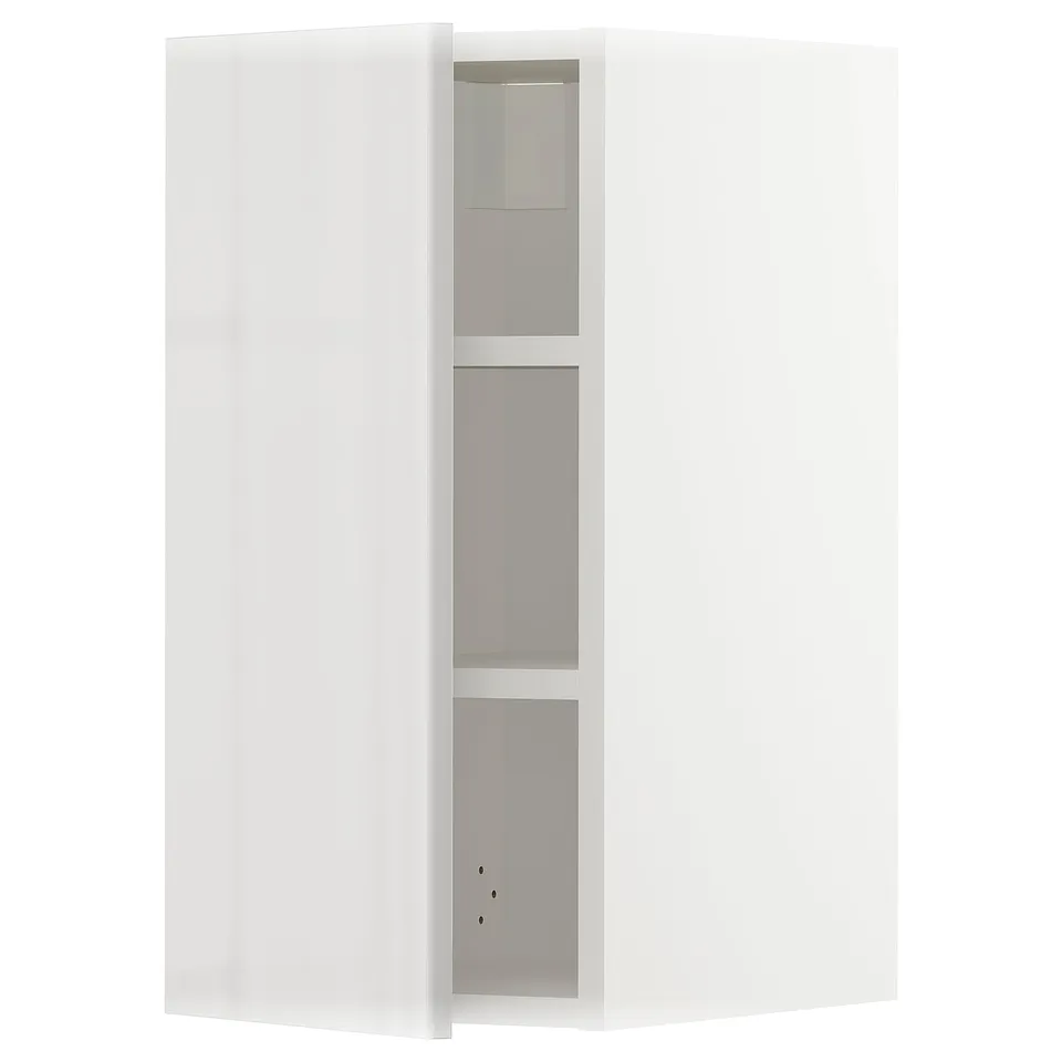 White corner cabinet, glossy finish. Tall with three shelves, modern design.