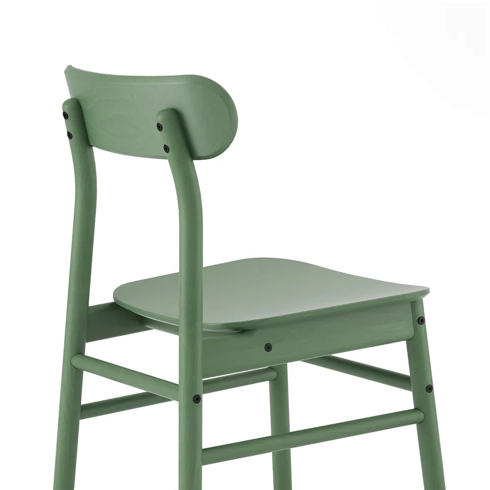 Green wooden chair with curved backrest and seat, sturdy design, natural finish.