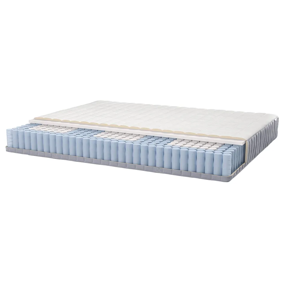 Cross-sectional view of mattress; top layer is quilted fabric, middle shows blue foam and springs, base is box spring framework with steel edges.