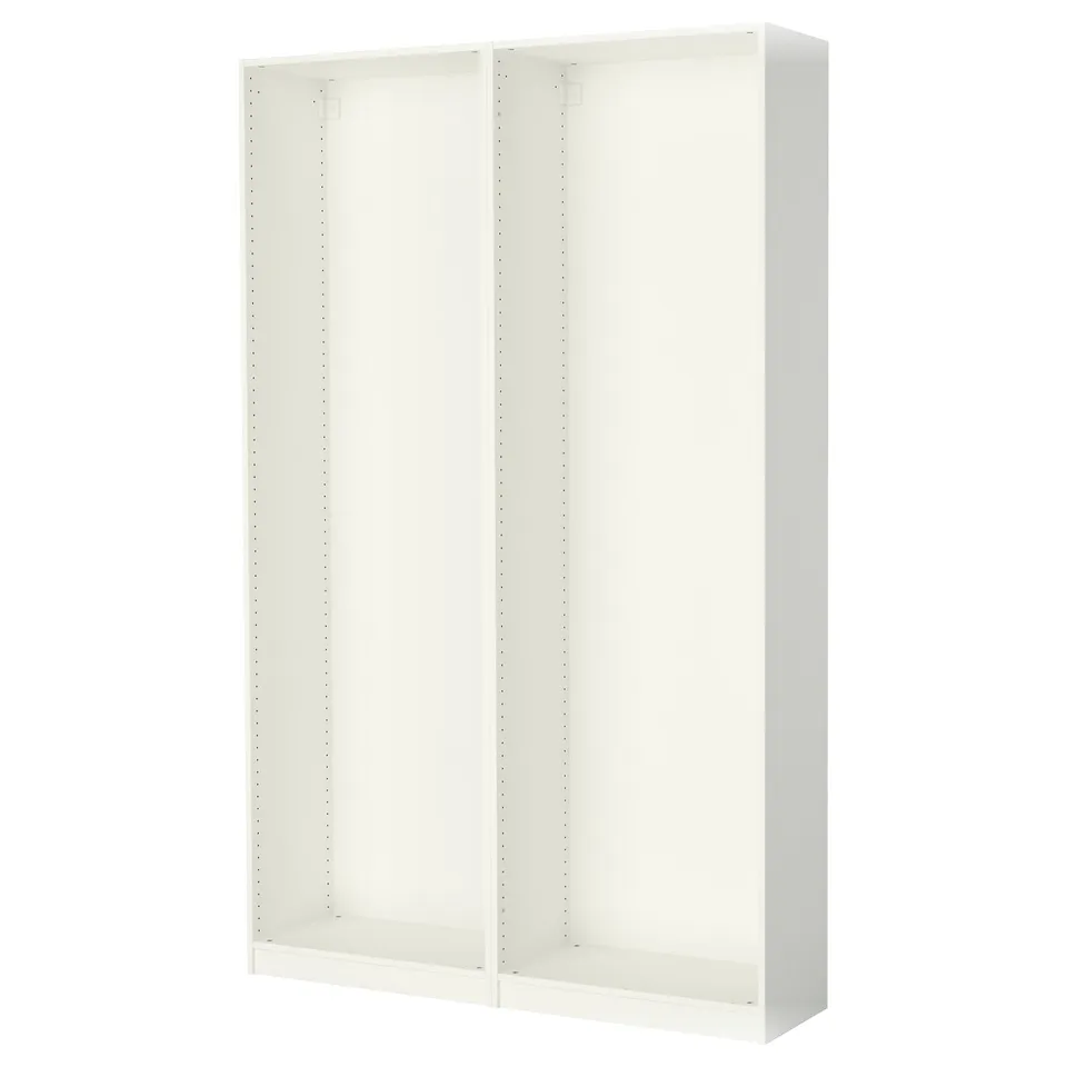 White ikea PAX wardrobe: minimalist, rectangular, hollow frame for organizing clothes.