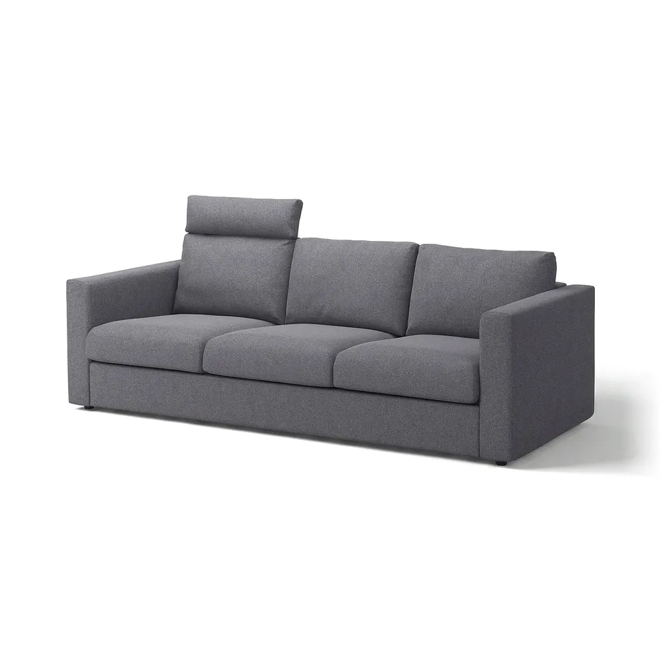 Grey upholstered VIMLE sofa, rectangular, straight-line design, clean-lined cushions.